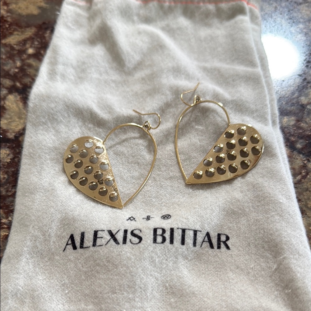Alexis Bittar Gold Heart Drop Earrings with Studded Detail